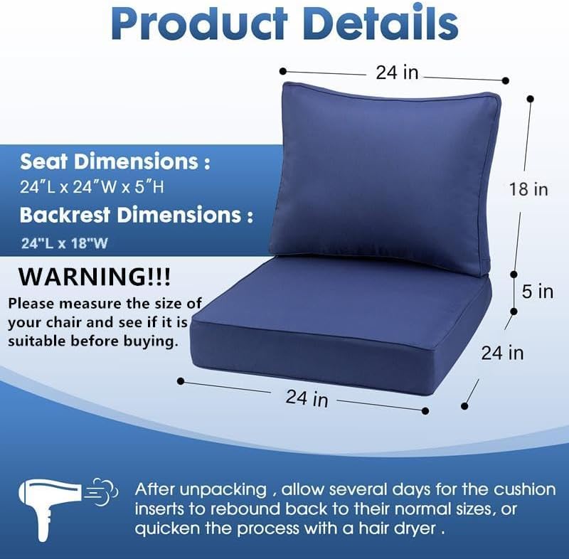 Outdoor Deep Seating Cushion Set, 24" x 24", Waterproof & Fade Resistant Patio Furniture Cushions with Handle, Deep Seat and Back Cushion for Chair and Sofa (3, Blue)