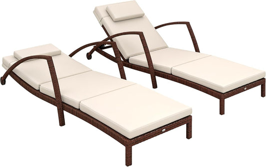 Outsunny Wicker Chaise Lounge Chair Outdoor Set of 2, 5-Position Adjustable Reclining Pool Lounge Chairs with Wheels, Rattan Outdoor Lounger with Cushion, Armrests for Poolside Beach Backyard, Beige