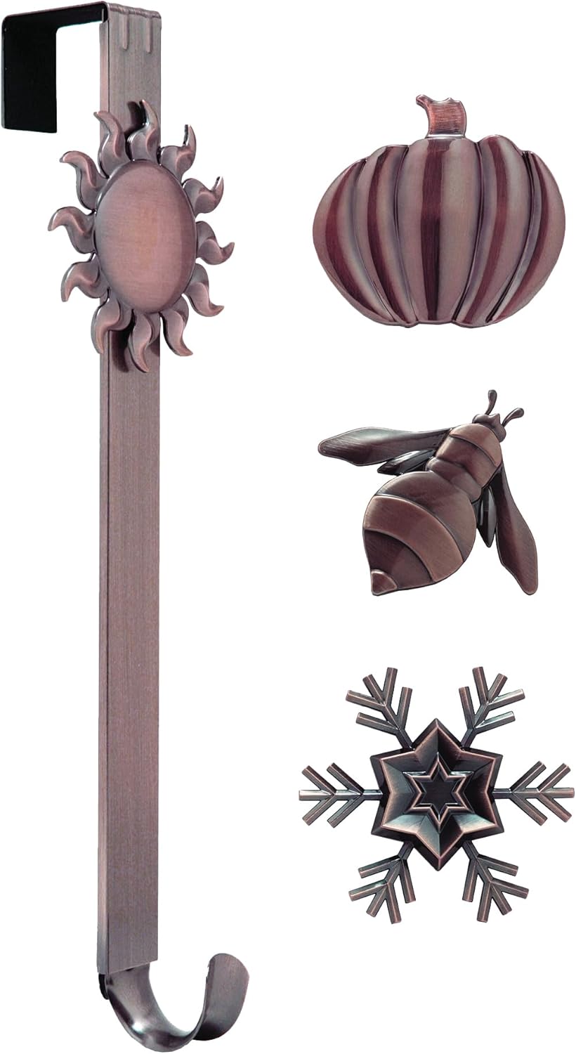 Haute Decor Adapt Adjustable Length Wreath Hanger with 4 Interchangeable Icons - Oil-Rubbed Bronze (Bee/Pumpkin/Snowflake/Fleur de lis) - 4 Front Door Wreath Hangers in 1