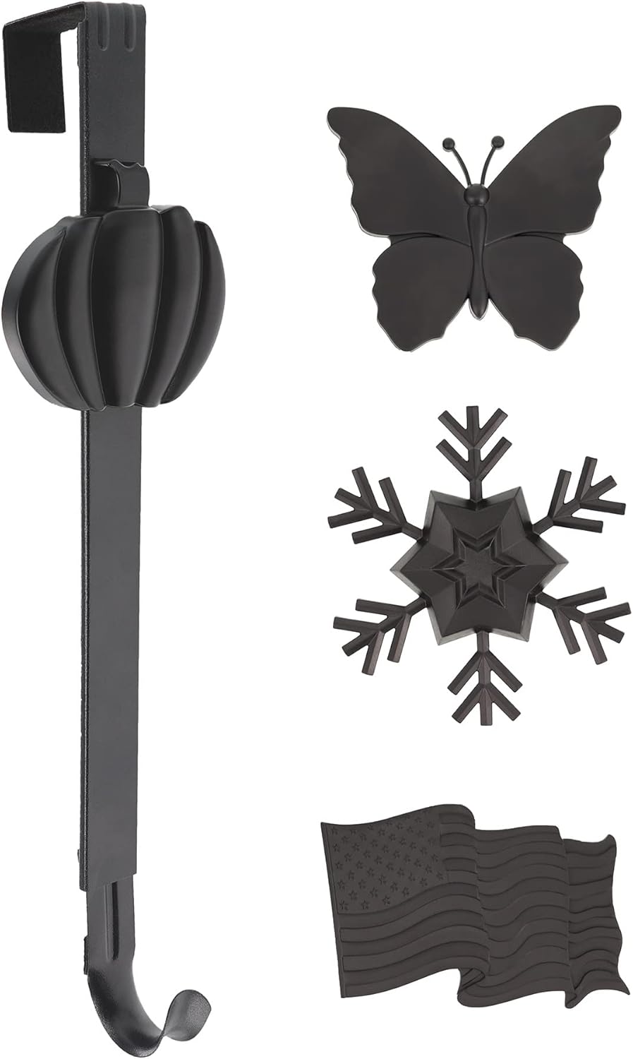 Haute Decor Adapt Adjustable Length Wreath Hanger with 4 Interchangeable Icons - Oil-Rubbed Bronze (Bee/Pumpkin/Snowflake/Fleur de lis) - 4 Front Door Wreath Hangers in 1