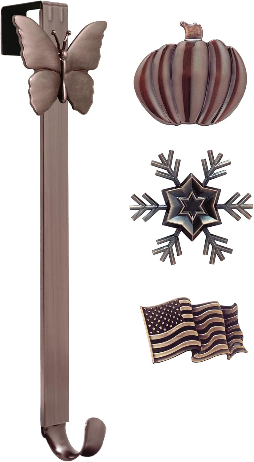 Haute Decor Adapt Adjustable Length Wreath Hanger with 4 Interchangeable Icons - Oil-Rubbed Bronze (Bee/Pumpkin/Snowflake/Fleur de lis) - 4 Front Door Wreath Hangers in 1