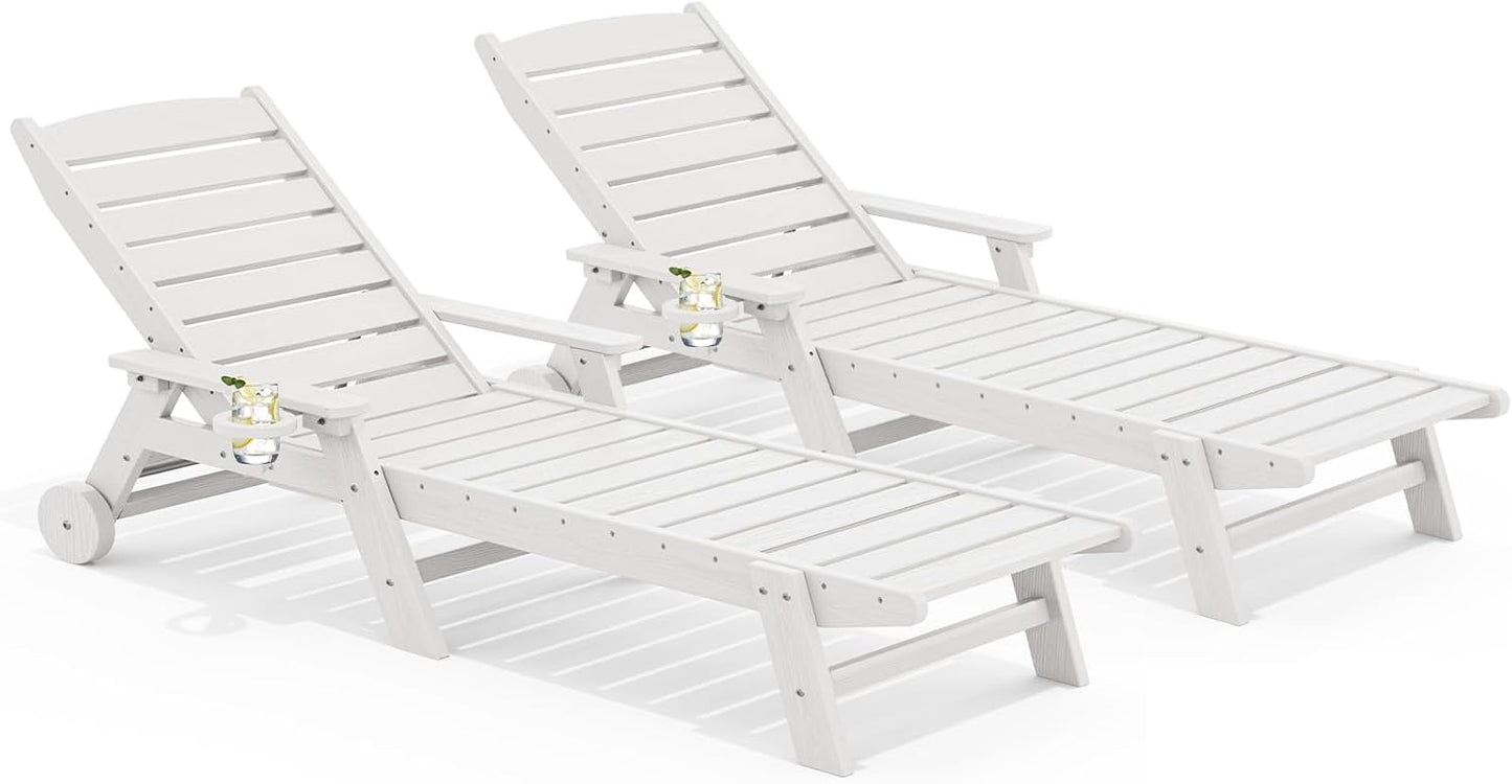 SERWALL Patio Chaise Lounge Chair Set of 2, 78'' Long 5-Positions Adjustable HDPE Outdoor Lounger for Pool, Poly Lounge Chair with Rolling Wheels & Cup Holder for Poolside, Deck, Blue