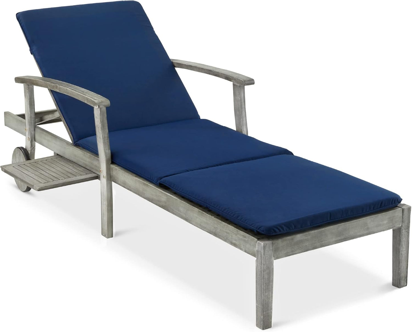 Best Choice Products 79x26in Acacia Wood Chaise Lounge Chair Recliner, Outdoor Furniture for Patio, Poolside w/Slide-Out Side Table, Foam-Padded Cushion, Adjustable Backrest, Wheels - Cream