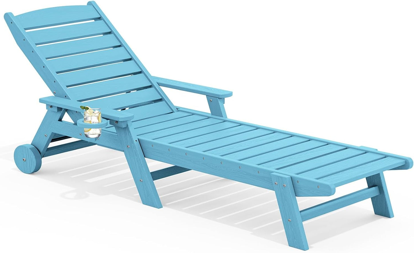 SERWALL Patio Chaise Lounge Chair Set of 2, 78'' Long 5-Positions Adjustable HDPE Outdoor Lounger for Pool, Poly Lounge Chair with Rolling Wheels & Cup Holder for Poolside, Deck, Blue