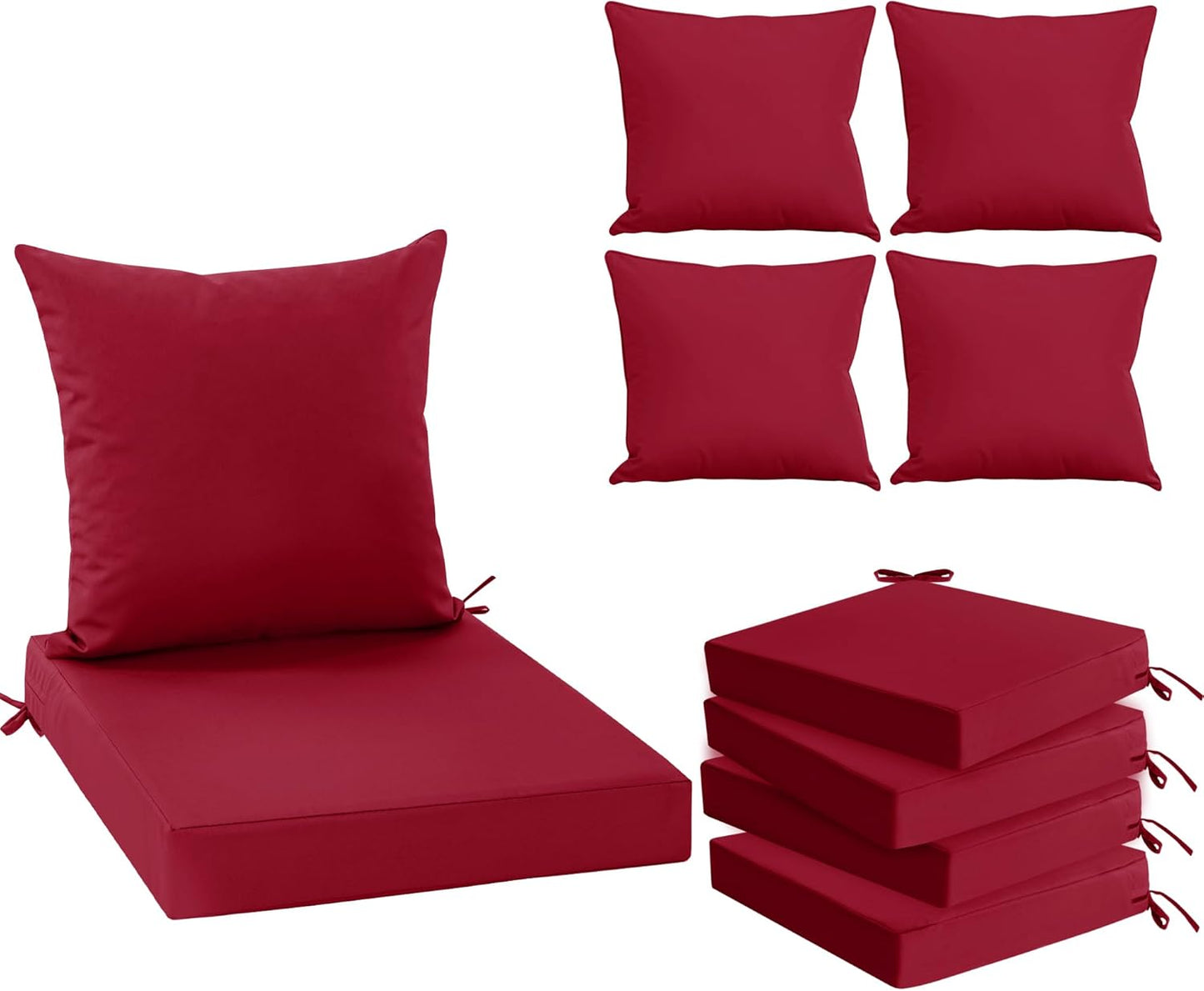 Outdoor Chair Cushions Set of 4, Waterproof Back Pillow and Seat Cushion Set for Patio Furniture, Outdoor Sofa Replacement Cushions with Removable Cover, 22 x 22 Inch, Red