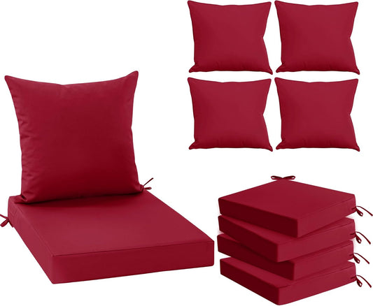 Outdoor Chair Cushions Set of 4, Waterproof Back Pillow and Seat Cushion Set for Patio Furniture, Outdoor Sofa Replacement Cushions with Removable Cover, 22 x 22 Inch, Red