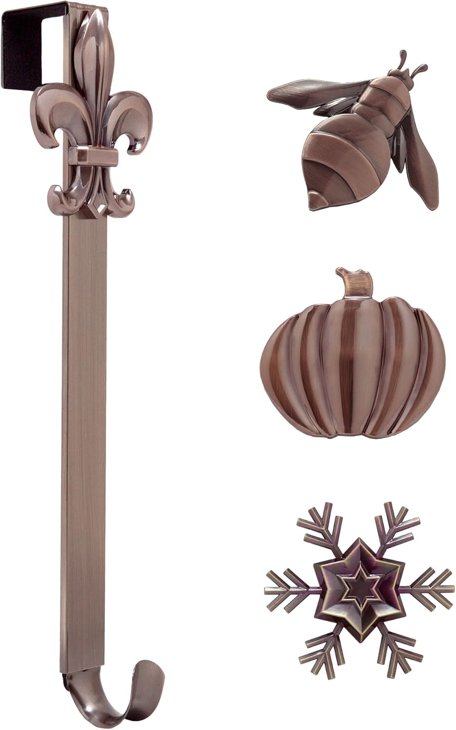 Haute Decor Adapt Adjustable Length Wreath Hanger with 4 Interchangeable Icons - Oil-Rubbed Bronze (Bee/Pumpkin/Snowflake/Fleur de lis) - 4 Front Door Wreath Hangers in 1