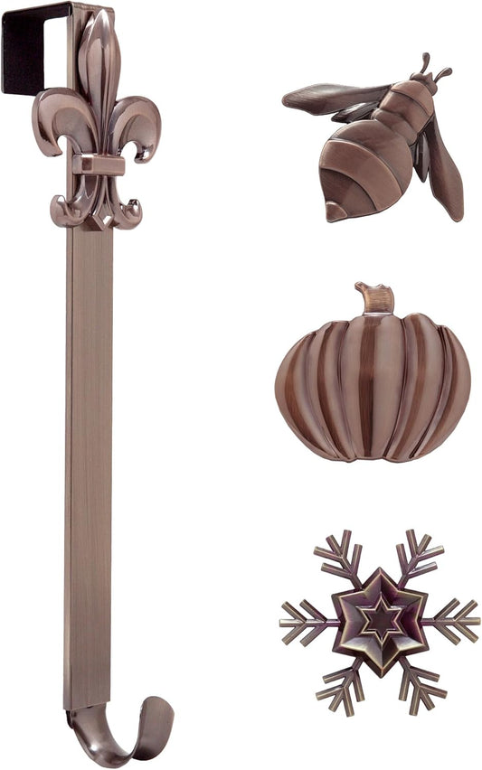 Haute Decor Adapt Adjustable Length Wreath Hanger with 4 Interchangeable Icons - Oil-Rubbed Bronze (Bee/Pumpkin/Snowflake/Fleur de lis) - 4 Front Door Wreath Hangers in 1