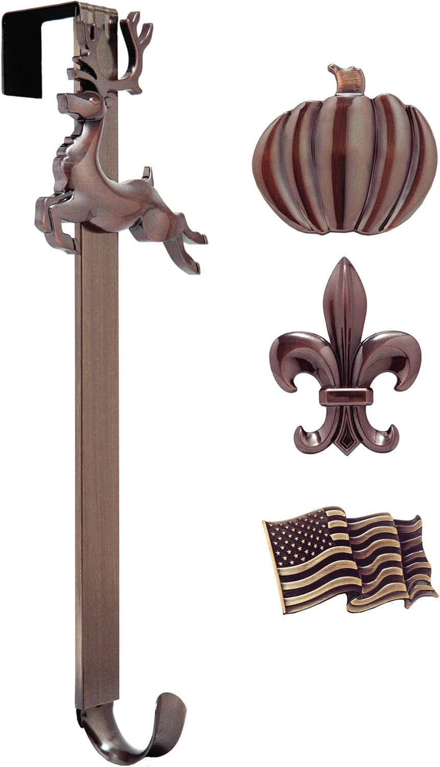Haute Decor Adapt Adjustable Length Wreath Hanger with 4 Interchangeable Icons - Oil-Rubbed Bronze (Bee/Pumpkin/Snowflake/Fleur de lis) - 4 Front Door Wreath Hangers in 1