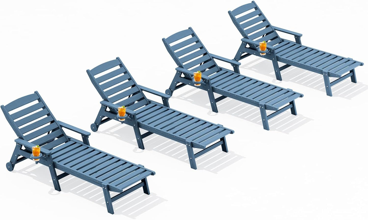 SERWALL Patio Chaise Lounge Chair Set of 2, 78'' Long 5-Positions Adjustable HDPE Outdoor Lounger for Pool, Poly Lounge Chair with Rolling Wheels & Cup Holder for Poolside, Deck, Blue