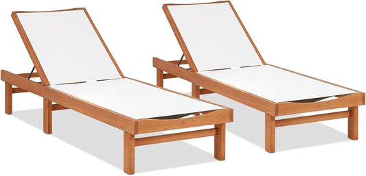COSTWAY Patio Wood Chaise Lounge Chair, Strong Eucalyptus Wood Frame, 5-Position Adjustable Outdoor Recliner with White Mesh (2)