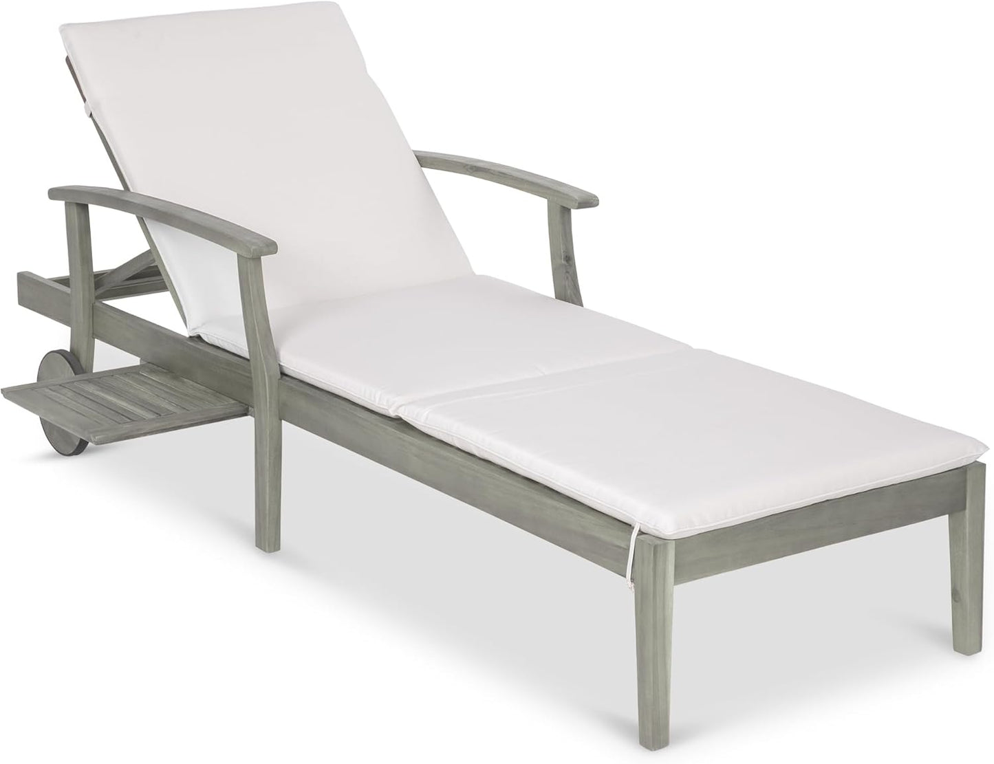 Best Choice Products 79x26in Acacia Wood Chaise Lounge Chair Recliner, Outdoor Furniture for Patio, Poolside w/Slide-Out Side Table, Foam-Padded Cushion, Adjustable Backrest, Wheels - Cream