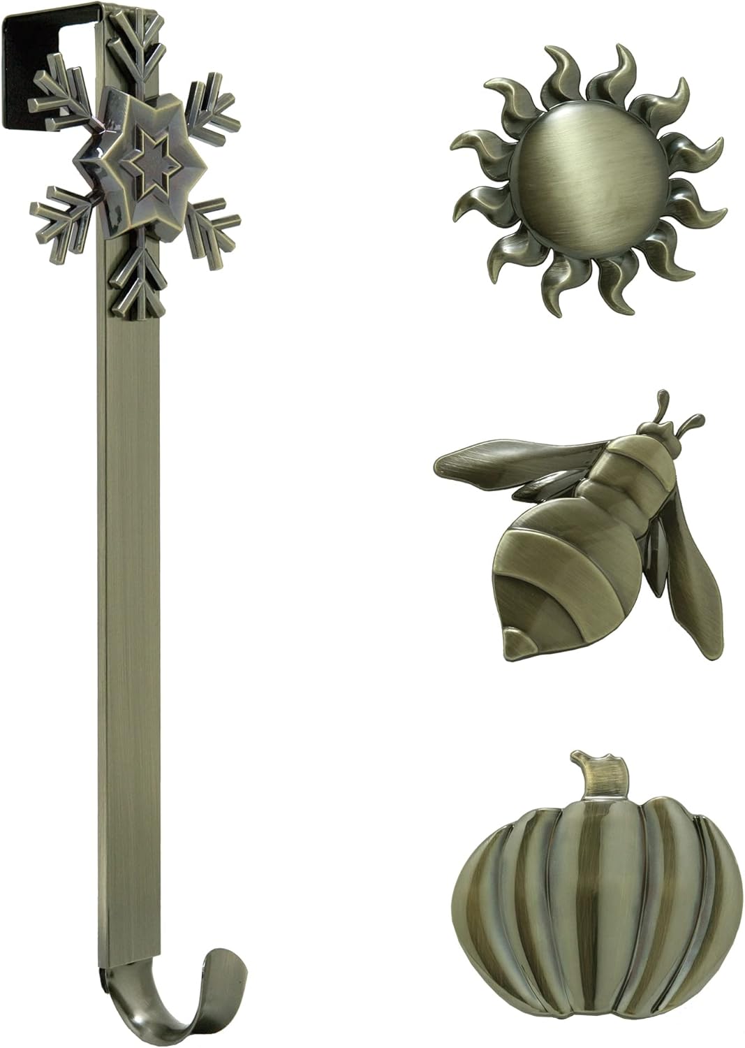 Haute Decor Adapt Adjustable Length Wreath Hanger with 4 Interchangeable Icons - Oil-Rubbed Bronze (Bee/Pumpkin/Snowflake/Fleur de lis) - 4 Front Door Wreath Hangers in 1
