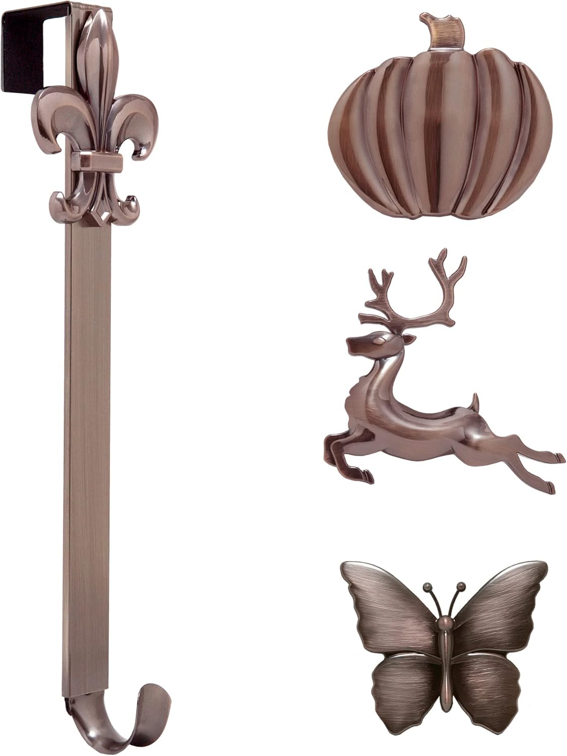 Haute Decor Adapt Adjustable Length Wreath Hanger with 4 Interchangeable Icons - Oil-Rubbed Bronze (Bee/Pumpkin/Snowflake/Fleur de lis) - 4 Front Door Wreath Hangers in 1