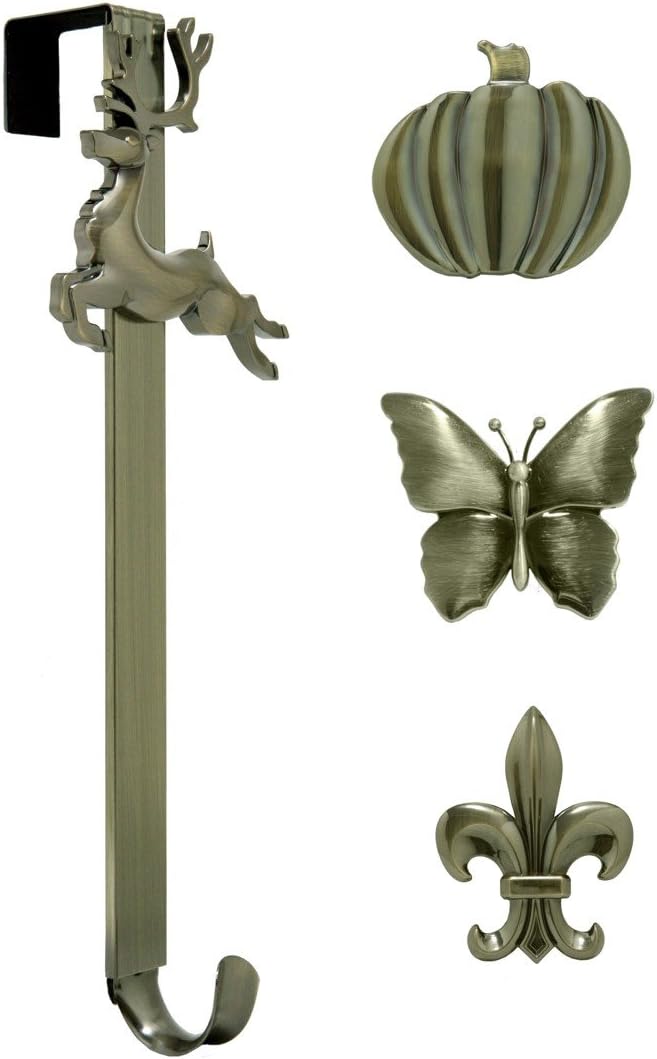 Haute Decor Adapt Adjustable Length Wreath Hanger with 4 Interchangeable Icons - Oil-Rubbed Bronze (Bee/Pumpkin/Snowflake/Fleur de lis) - 4 Front Door Wreath Hangers in 1