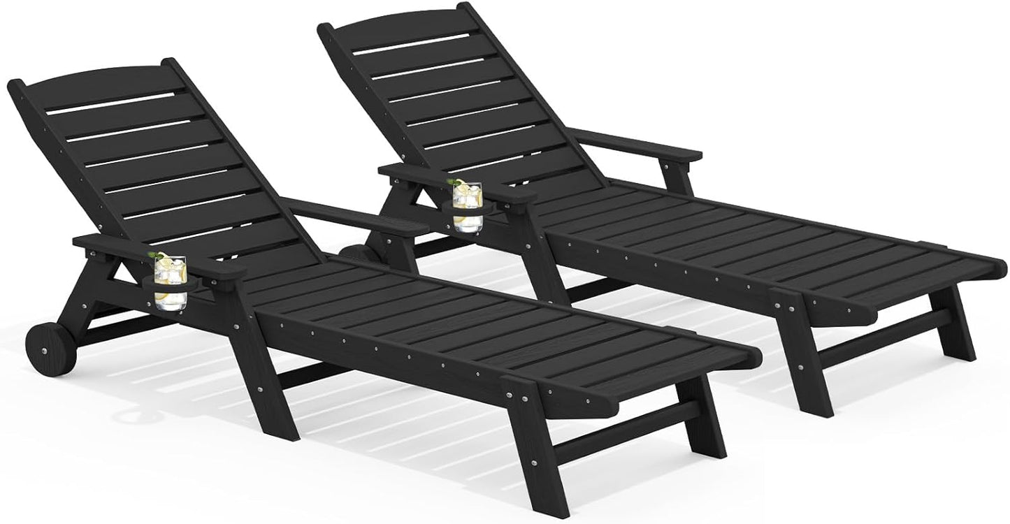 SERWALL Patio Chaise Lounge Chair Set of 2, 78'' Long 5-Positions Adjustable HDPE Outdoor Lounger for Pool, Poly Lounge Chair with Rolling Wheels & Cup Holder for Poolside, Deck, Blue
