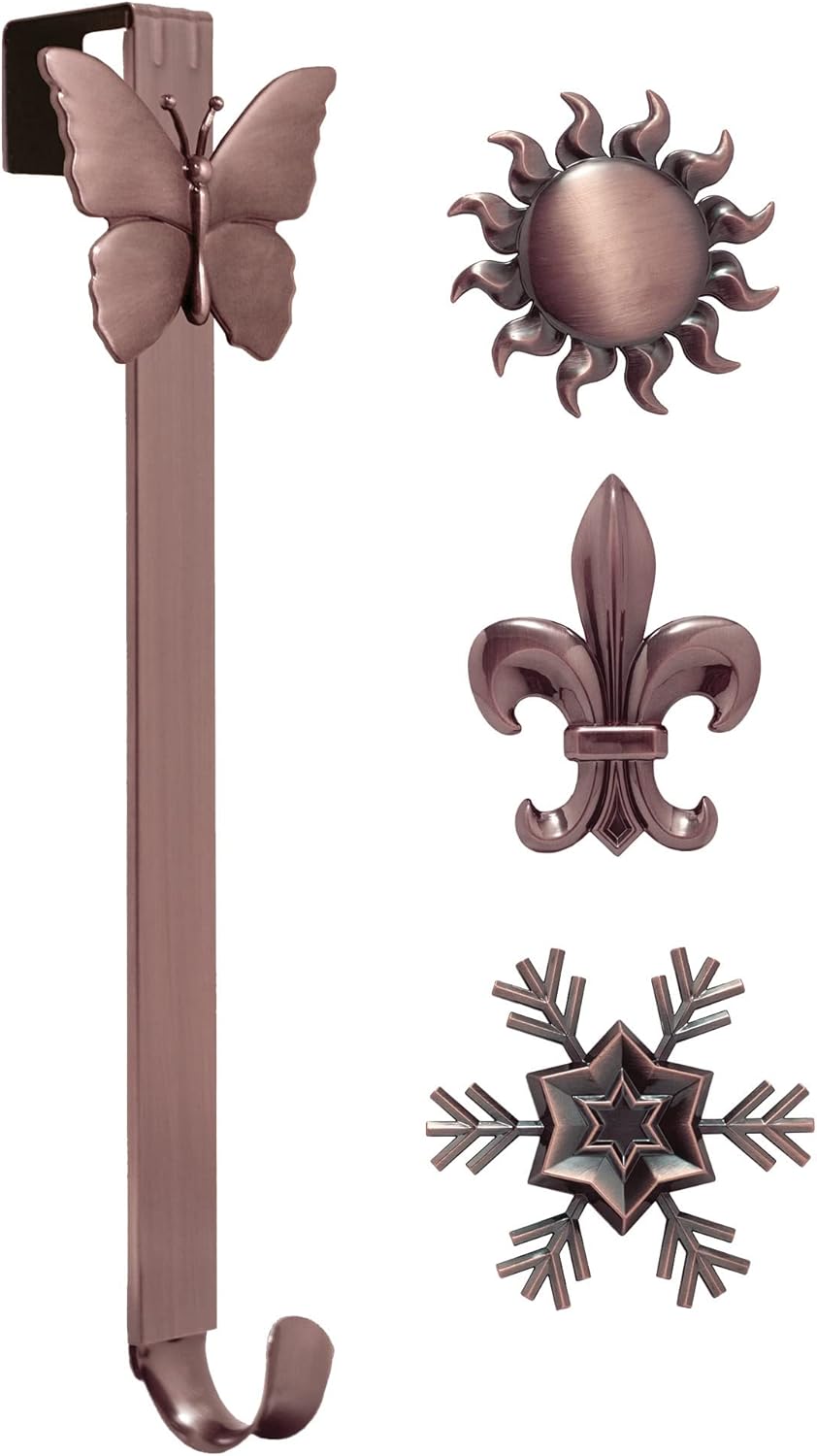 Haute Decor Adapt Adjustable Length Wreath Hanger with 4 Interchangeable Icons - Oil-Rubbed Bronze (Bee/Pumpkin/Snowflake/Fleur de lis) - 4 Front Door Wreath Hangers in 1