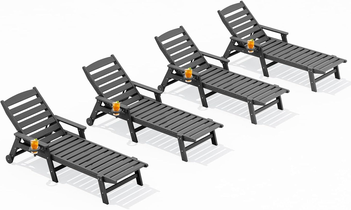 SERWALL Patio Chaise Lounge Chair Set of 2, 78'' Long 5-Positions Adjustable HDPE Outdoor Lounger for Pool, Poly Lounge Chair with Rolling Wheels & Cup Holder for Poolside, Deck, Blue