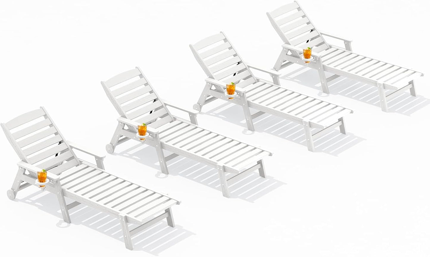 SERWALL Patio Chaise Lounge Chair Set of 2, 78'' Long 5-Positions Adjustable HDPE Outdoor Lounger for Pool, Poly Lounge Chair with Rolling Wheels & Cup Holder for Poolside, Deck, Blue