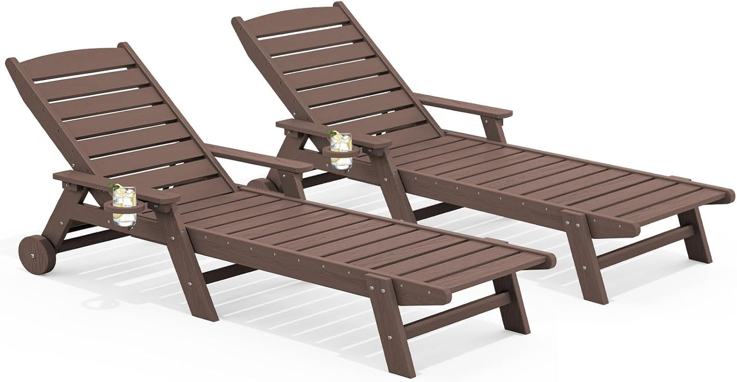 SERWALL Patio Chaise Lounge Chair Set of 2, 78'' Long 5-Positions Adjustable HDPE Outdoor Lounger for Pool, Poly Lounge Chair with Rolling Wheels & Cup Holder for Poolside, Deck, Blue
