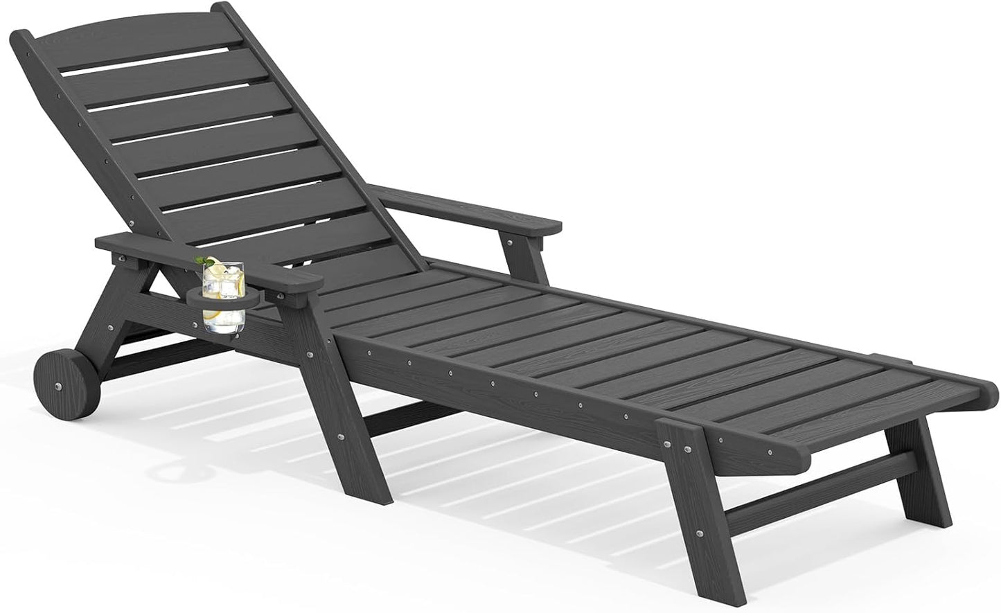 SERWALL Patio Chaise Lounge Chair Set of 2, 78'' Long 5-Positions Adjustable HDPE Outdoor Lounger for Pool, Poly Lounge Chair with Rolling Wheels & Cup Holder for Poolside, Deck, Blue