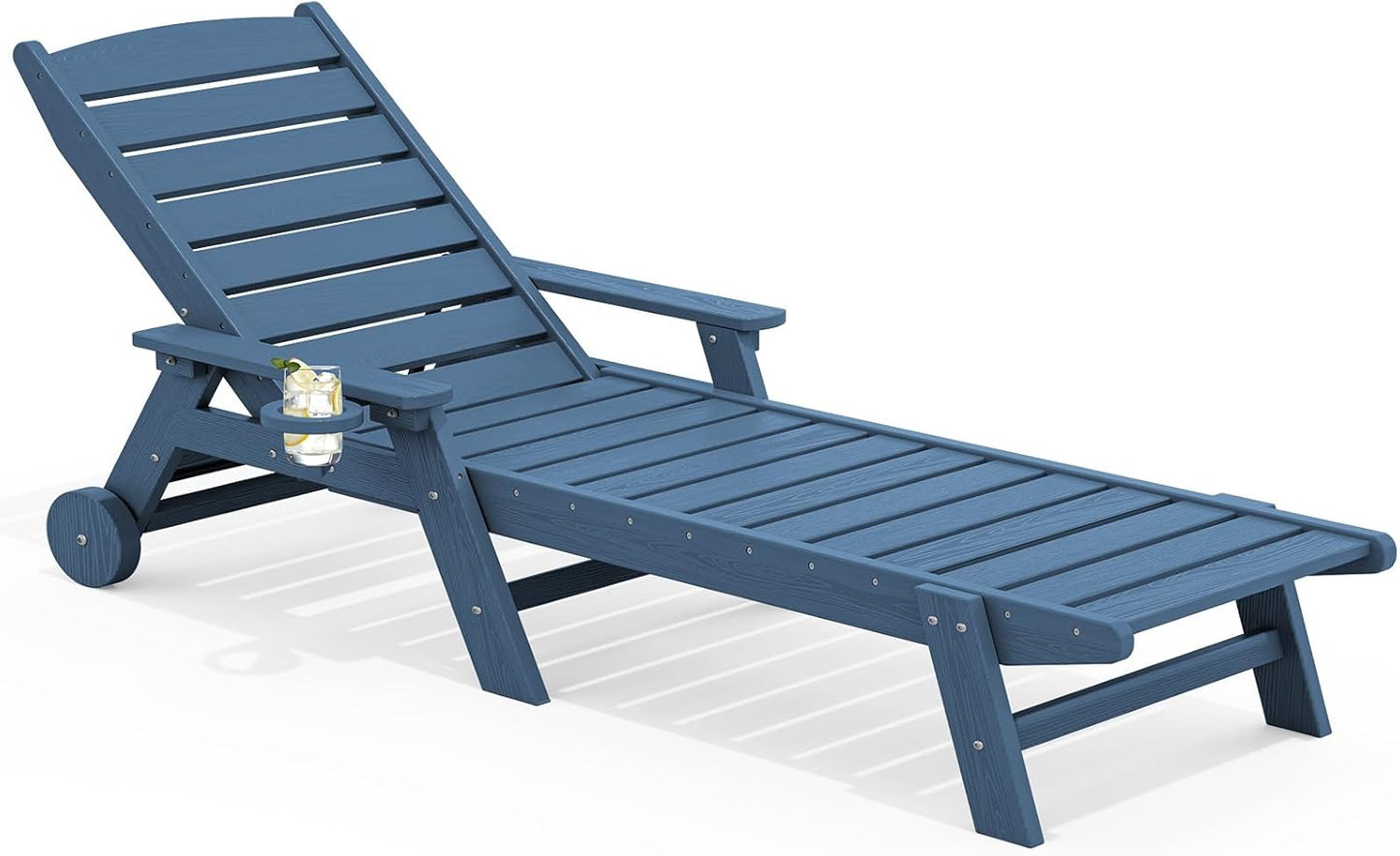 SERWALL Patio Chaise Lounge Chair Set of 2, 78'' Long 5-Positions Adjustable HDPE Outdoor Lounger for Pool, Poly Lounge Chair with Rolling Wheels & Cup Holder for Poolside, Deck, Blue