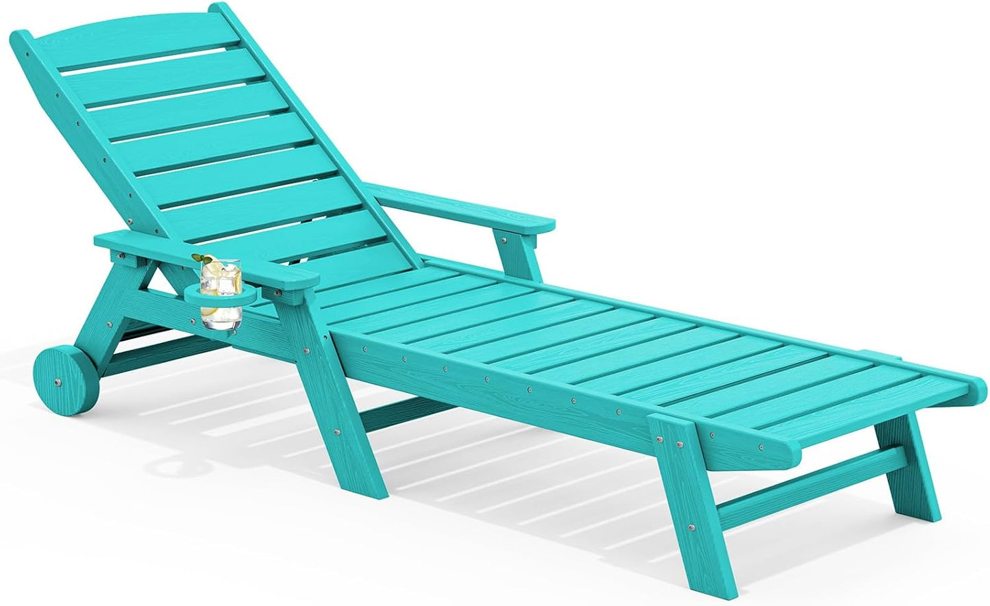 SERWALL Patio Chaise Lounge Chair Set of 2, 78'' Long 5-Positions Adjustable HDPE Outdoor Lounger for Pool, Poly Lounge Chair with Rolling Wheels & Cup Holder for Poolside, Deck, Blue