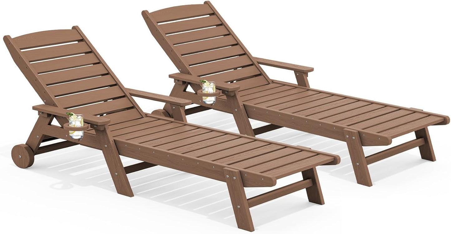SERWALL Patio Chaise Lounge Chair Set of 2, 78'' Long 5-Positions Adjustable HDPE Outdoor Lounger for Pool, Poly Lounge Chair with Rolling Wheels & Cup Holder for Poolside, Deck, Blue