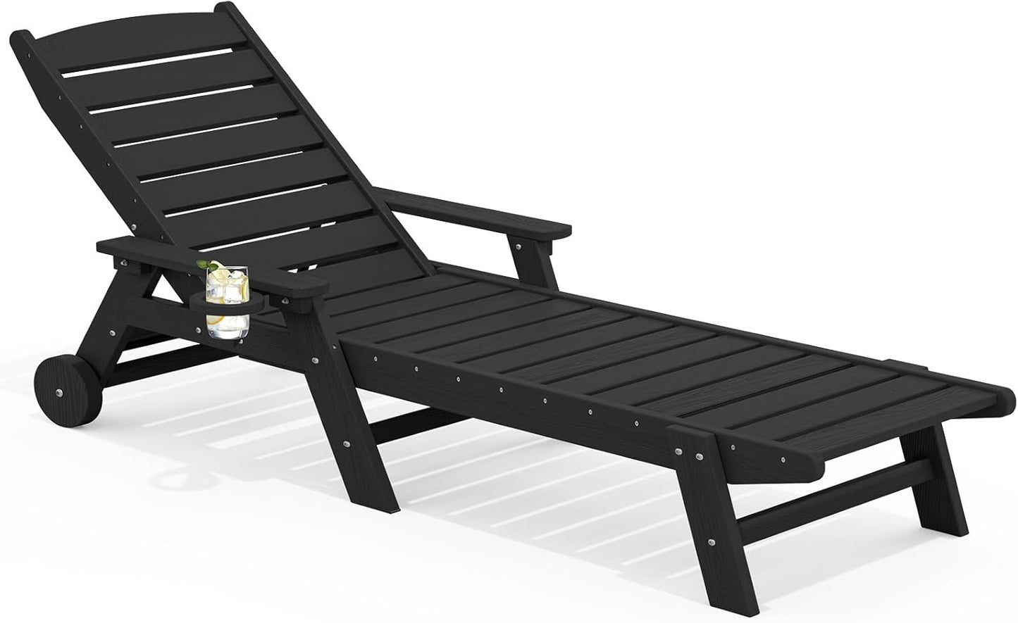 SERWALL Patio Chaise Lounge Chair Set of 2, 78'' Long 5-Positions Adjustable HDPE Outdoor Lounger for Pool, Poly Lounge Chair with Rolling Wheels & Cup Holder for Poolside, Deck, Blue