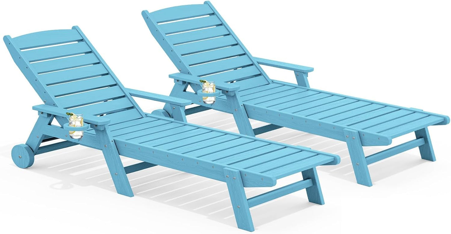 SERWALL Patio Chaise Lounge Chair Set of 2, 78'' Long 5-Positions Adjustable HDPE Outdoor Lounger for Pool, Poly Lounge Chair with Rolling Wheels & Cup Holder for Poolside, Deck, Blue