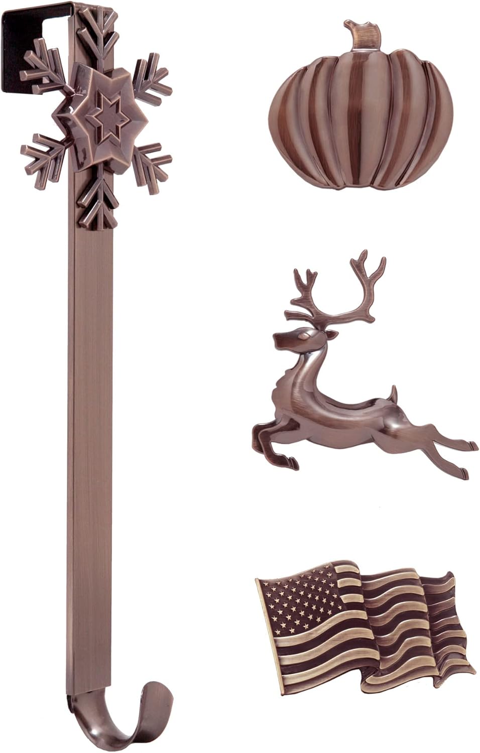 Haute Decor Adapt Adjustable Length Wreath Hanger with 4 Interchangeable Icons - Oil-Rubbed Bronze (Bee/Pumpkin/Snowflake/Fleur de lis) - 4 Front Door Wreath Hangers in 1