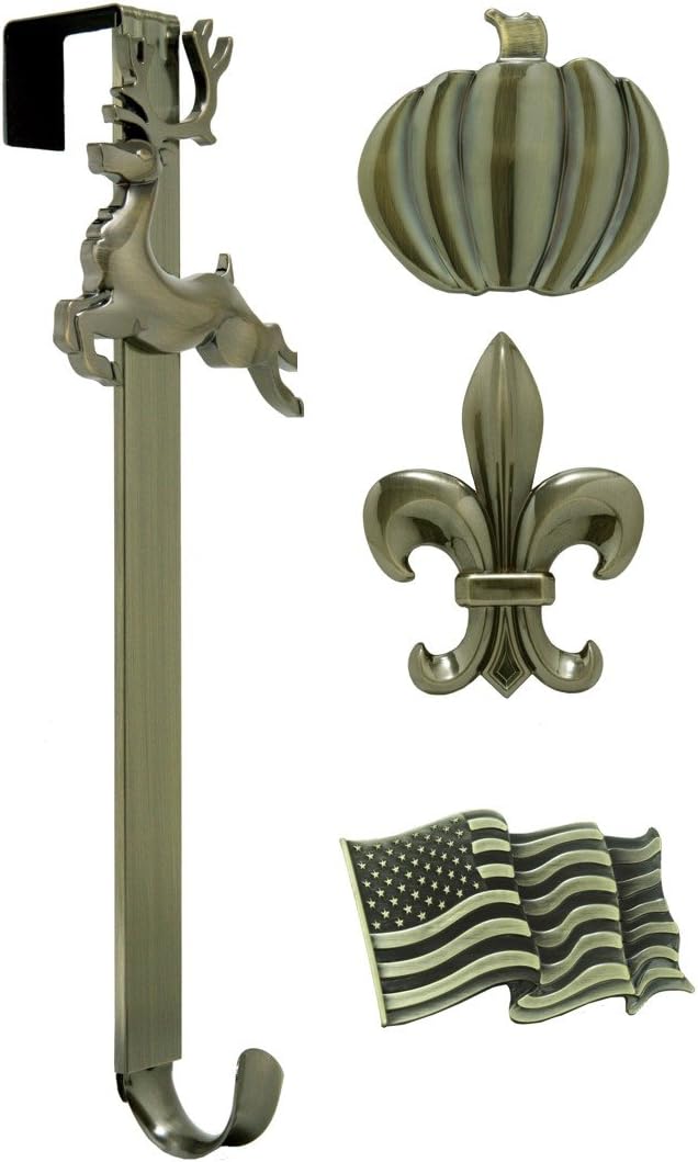 Haute Decor Adapt Adjustable Length Wreath Hanger with 4 Interchangeable Icons - Oil-Rubbed Bronze (Bee/Pumpkin/Snowflake/Fleur de lis) - 4 Front Door Wreath Hangers in 1