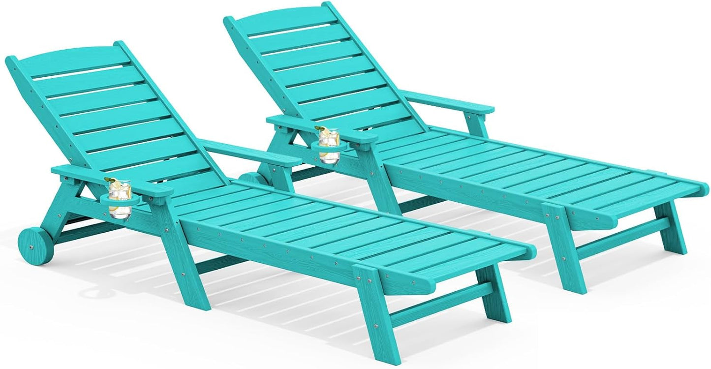 SERWALL Patio Chaise Lounge Chair Set of 2, 78'' Long 5-Positions Adjustable HDPE Outdoor Lounger for Pool, Poly Lounge Chair with Rolling Wheels & Cup Holder for Poolside, Deck, Blue