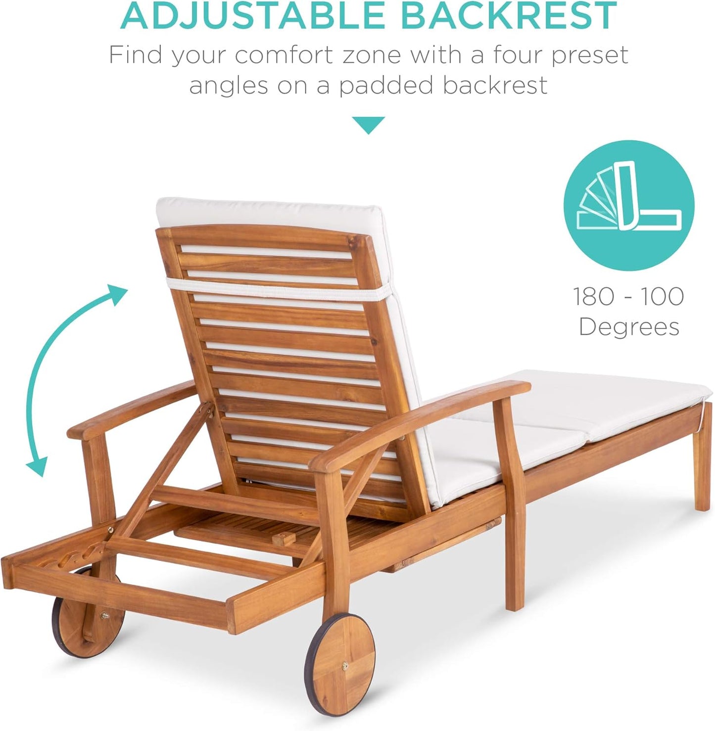 Best Choice Products 79x26in Acacia Wood Chaise Lounge Chair Recliner, Outdoor Furniture for Patio, Poolside w/Slide-Out Side Table, Foam-Padded Cushion, Adjustable Backrest, Wheels - Cream