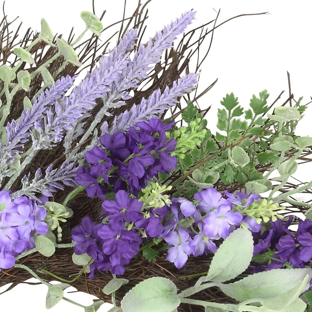 Haute Decor Lavender Floral Wreath and Brushed Nickel Adjustable Length Wreath Hanger for Spring, Summer, Fall Door Decor