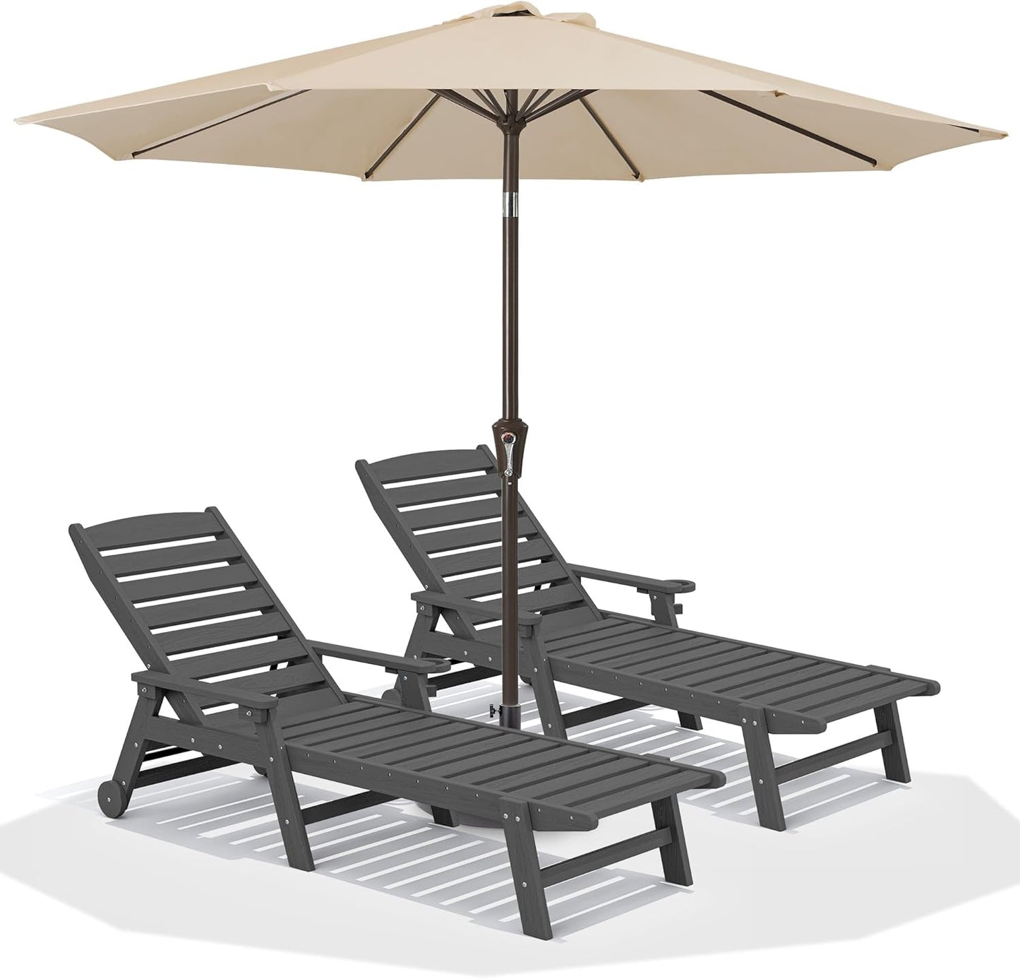 SERWALL Patio Chaise Lounge Chair Set of 2, 78'' Long 5-Positions Adjustable HDPE Outdoor Lounger for Pool, Poly Lounge Chair with Rolling Wheels & Cup Holder for Poolside, Deck, Blue