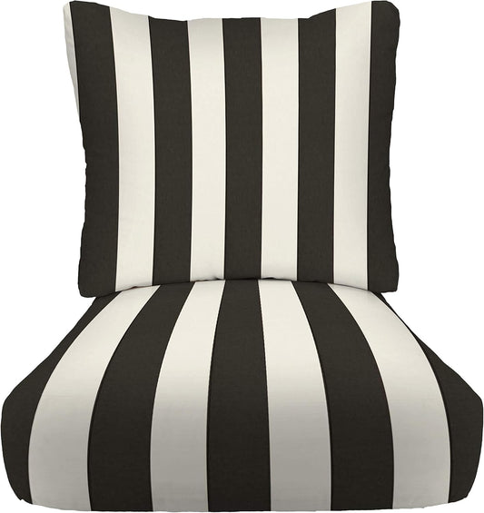 RSH DECOR: Deep Seating Cushion with Pillow Back | 25” x 25” Seat | Water and Fade-Resistant Spun Fabric | Outdoor Chair Cushion Set for Patio Furniture | Black & White Stripe