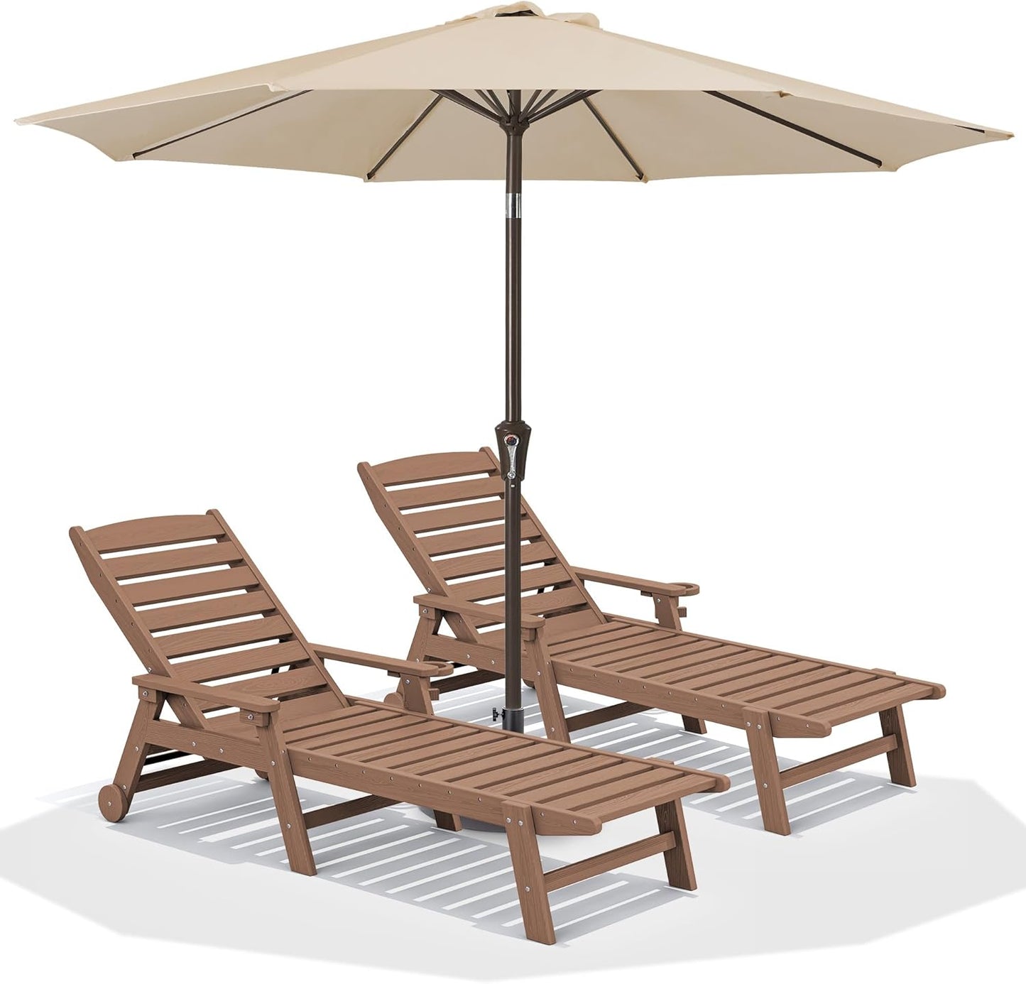 SERWALL Patio Chaise Lounge Chair Set of 2, 78'' Long 5-Positions Adjustable HDPE Outdoor Lounger for Pool, Poly Lounge Chair with Rolling Wheels & Cup Holder for Poolside, Deck, Blue