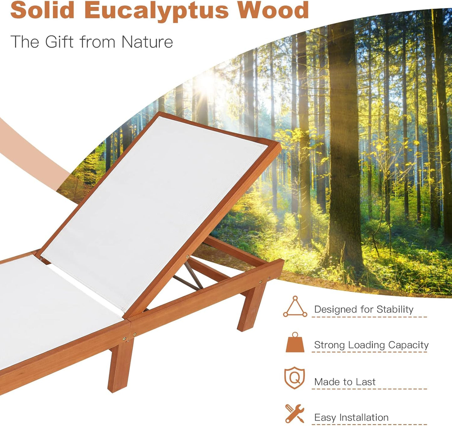 COSTWAY Patio Wood Chaise Lounge Chair, Strong Eucalyptus Wood Frame, 5-Position Adjustable Outdoor Recliner with White Mesh (2)