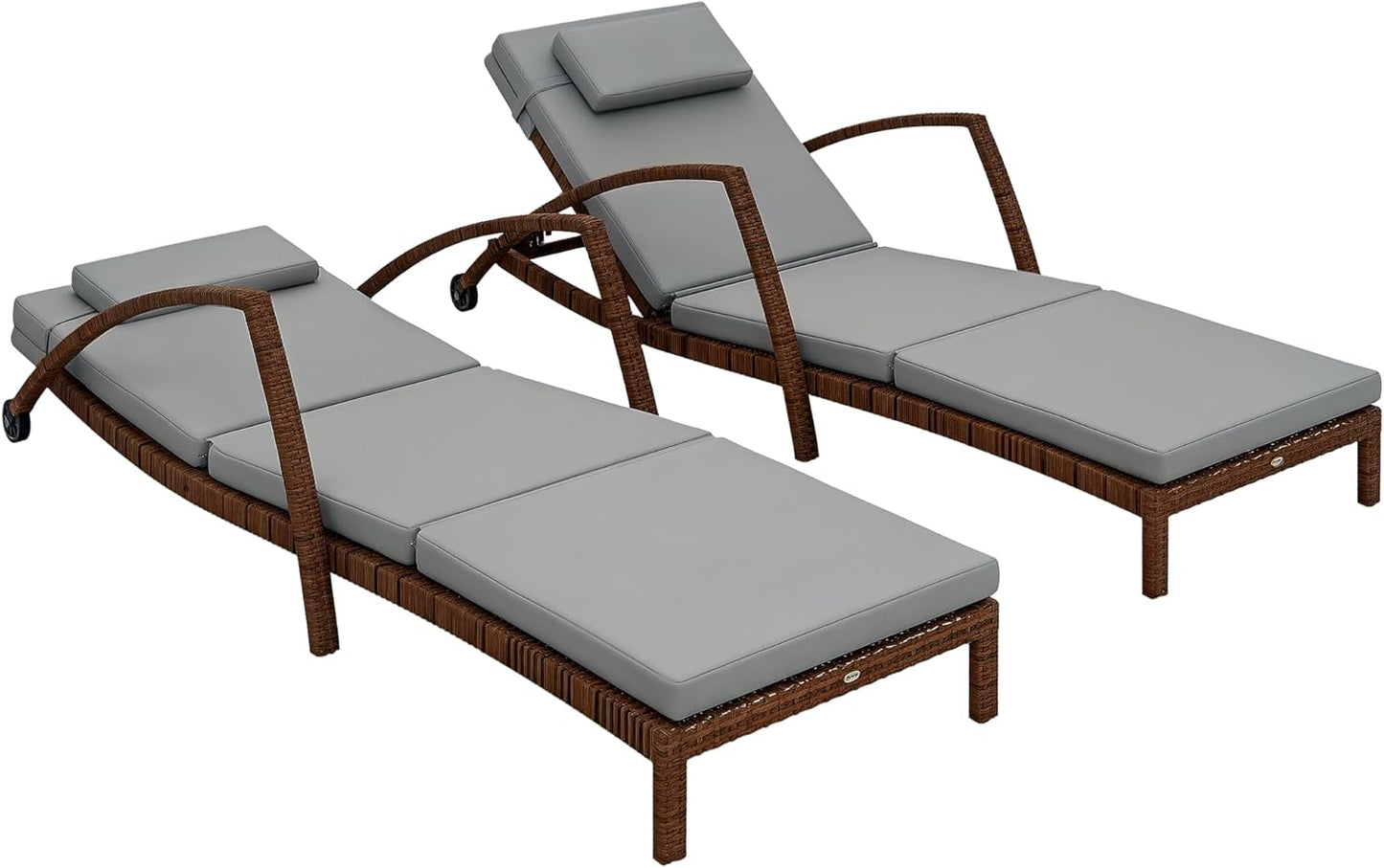 Outsunny Wicker Chaise Lounge Chair Outdoor Set of 2, 5-Position Adjustable Reclining Pool Lounge Chairs with Wheels, Rattan Outdoor Lounger with Cushion, Armrests for Poolside Beach Backyard, Beige