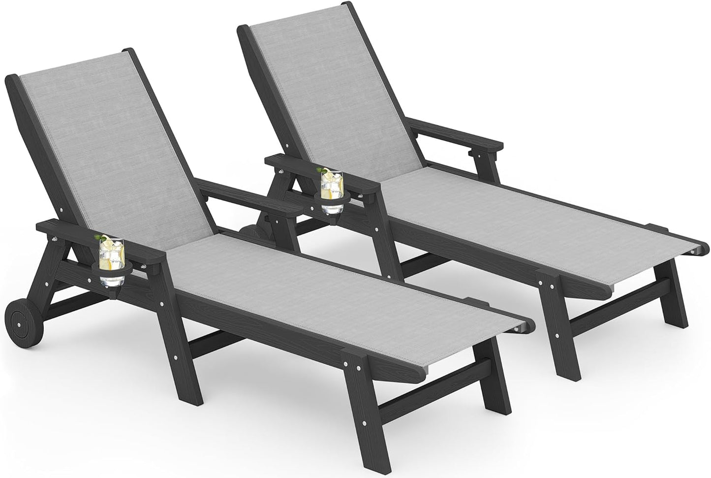 SERWALL Patio Chaise Lounge Chair Set of 2, 78'' Long 5-Positions Adjustable HDPE Outdoor Lounger for Pool, Poly Lounge Chair with Rolling Wheels & Cup Holder for Poolside, Deck, Blue