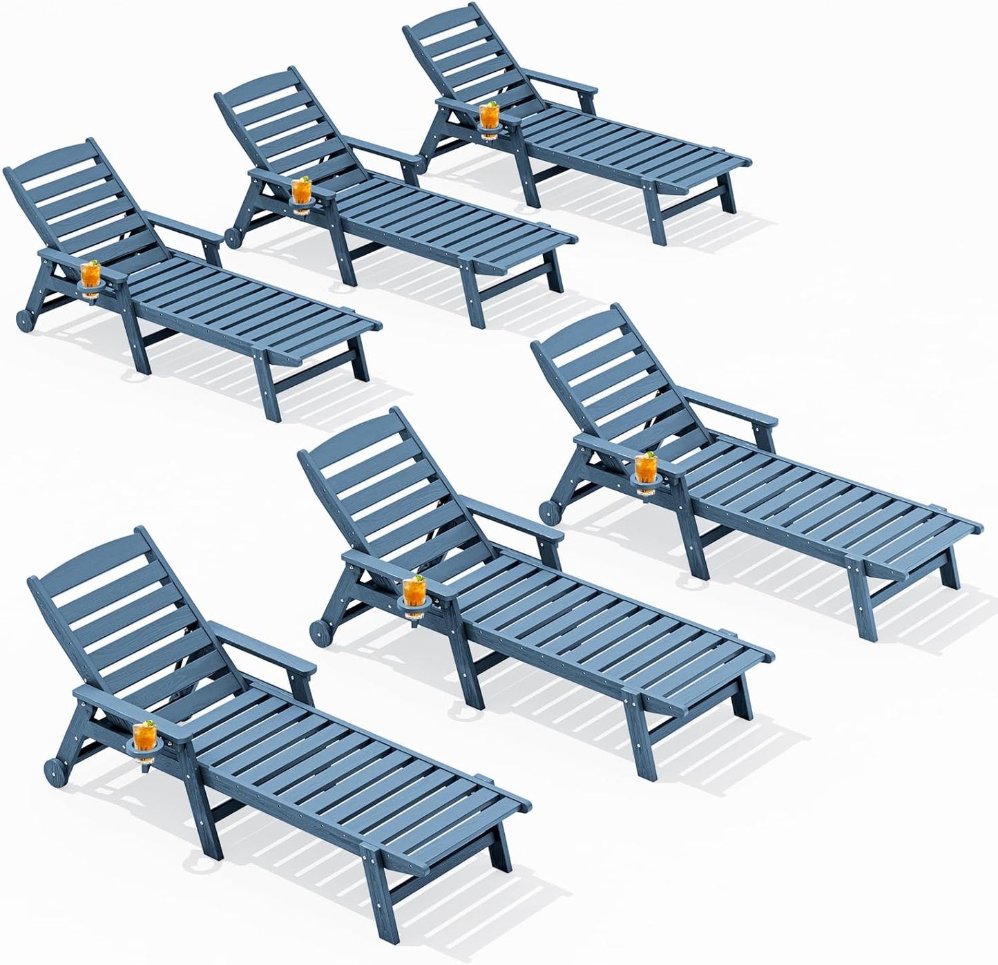 SERWALL Patio Chaise Lounge Chair Set of 2, 78'' Long 5-Positions Adjustable HDPE Outdoor Lounger for Pool, Poly Lounge Chair with Rolling Wheels & Cup Holder for Poolside, Deck, Blue