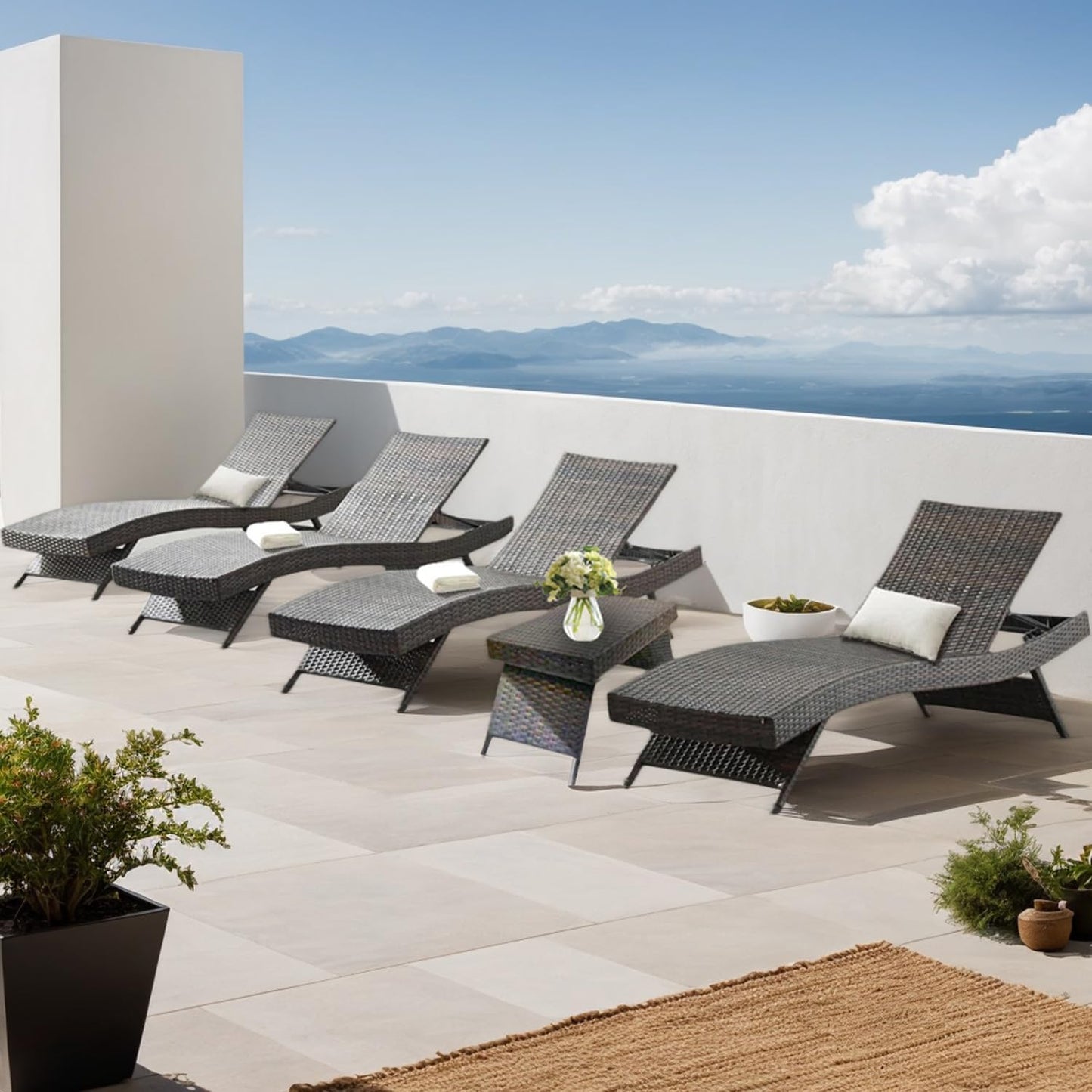 79'' Long Reclining Chaise Lounge Set (Set of 2), Outdoor Wicker Reclining Lounge Chair Patio Rattan Double Chaise Lounge Lawn Sunbathing Chairs Beach Pool Backrest Recliners (Set of 2)