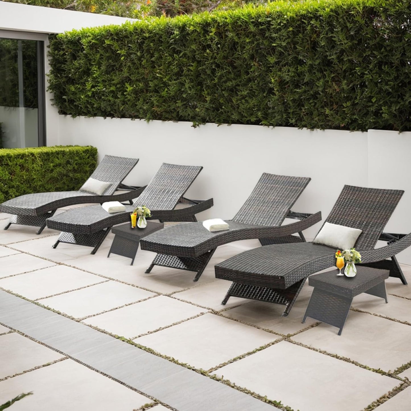 79'' Long Reclining Chaise Lounge Set (Set of 2), Outdoor Wicker Reclining Lounge Chair Patio Rattan Double Chaise Lounge Lawn Sunbathing Chairs Beach Pool Backrest Recliners (Set of 2)