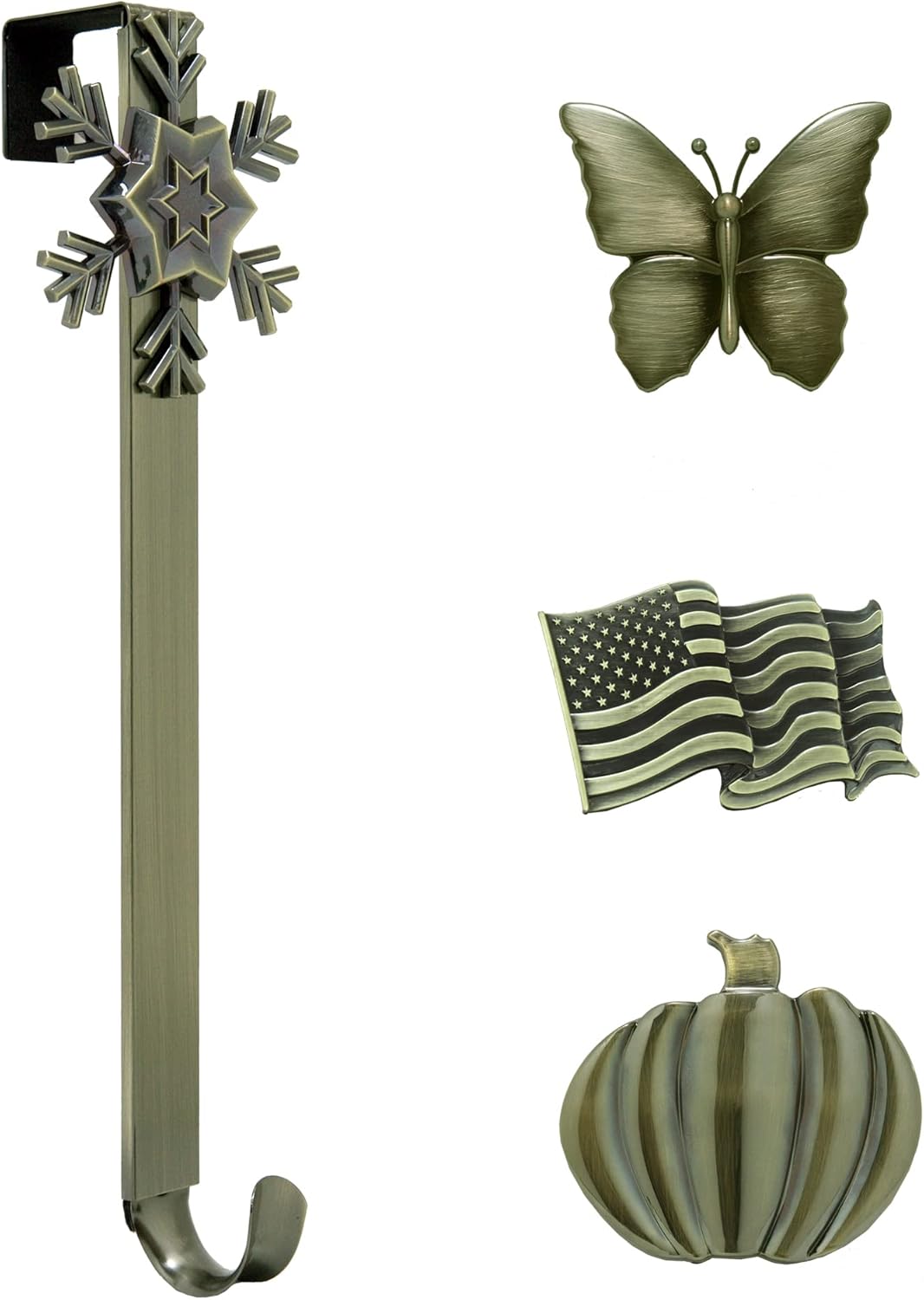 Haute Decor Adapt Adjustable Length Wreath Hanger with 4 Interchangeable Icons - Oil-Rubbed Bronze (Bee/Pumpkin/Snowflake/Fleur de lis) - 4 Front Door Wreath Hangers in 1