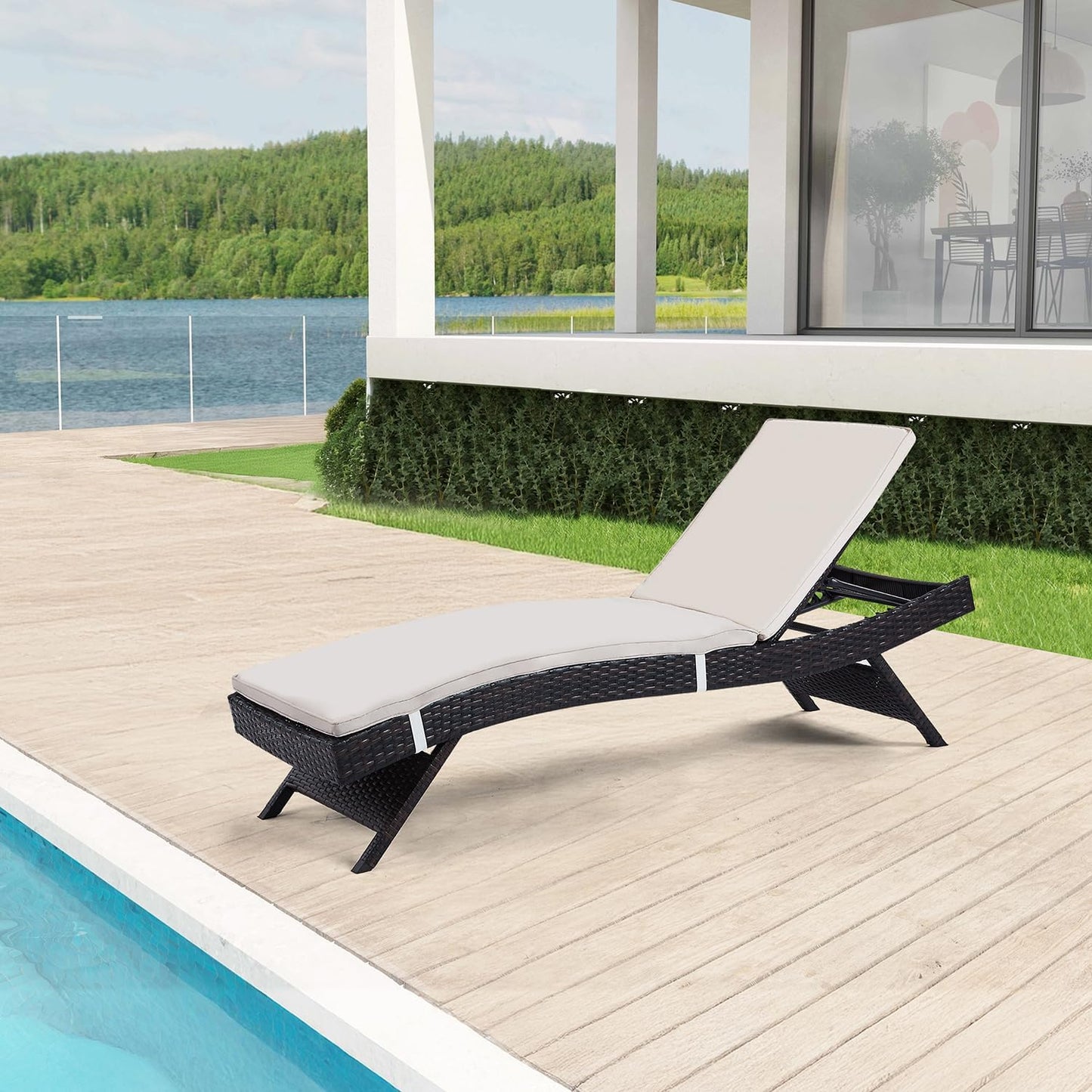 79'' Long Reclining Chaise Lounge Set (Set of 2), Outdoor Wicker Reclining Lounge Chair Patio Rattan Double Chaise Lounge Lawn Sunbathing Chairs Beach Pool Backrest Recliners (Set of 2)