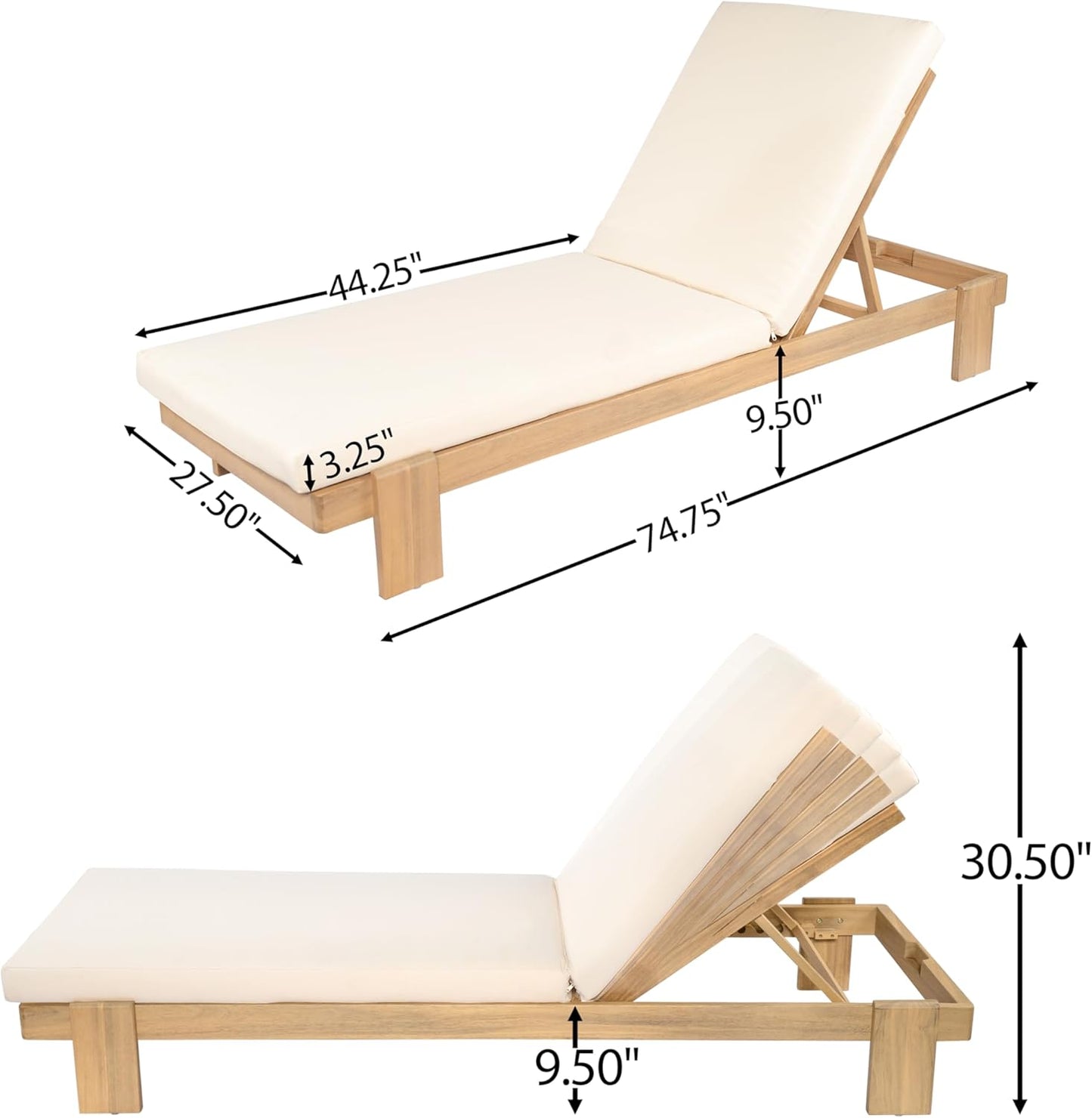 Christopher Knight Home Duska Acacia Wood Chaise Lounge Chair Outdoor, Patio Outdoor Chaise Lounge with Cushions, Adjustable Backrest Single Lounge Sofa, Poolside Seating, Teak+Beige