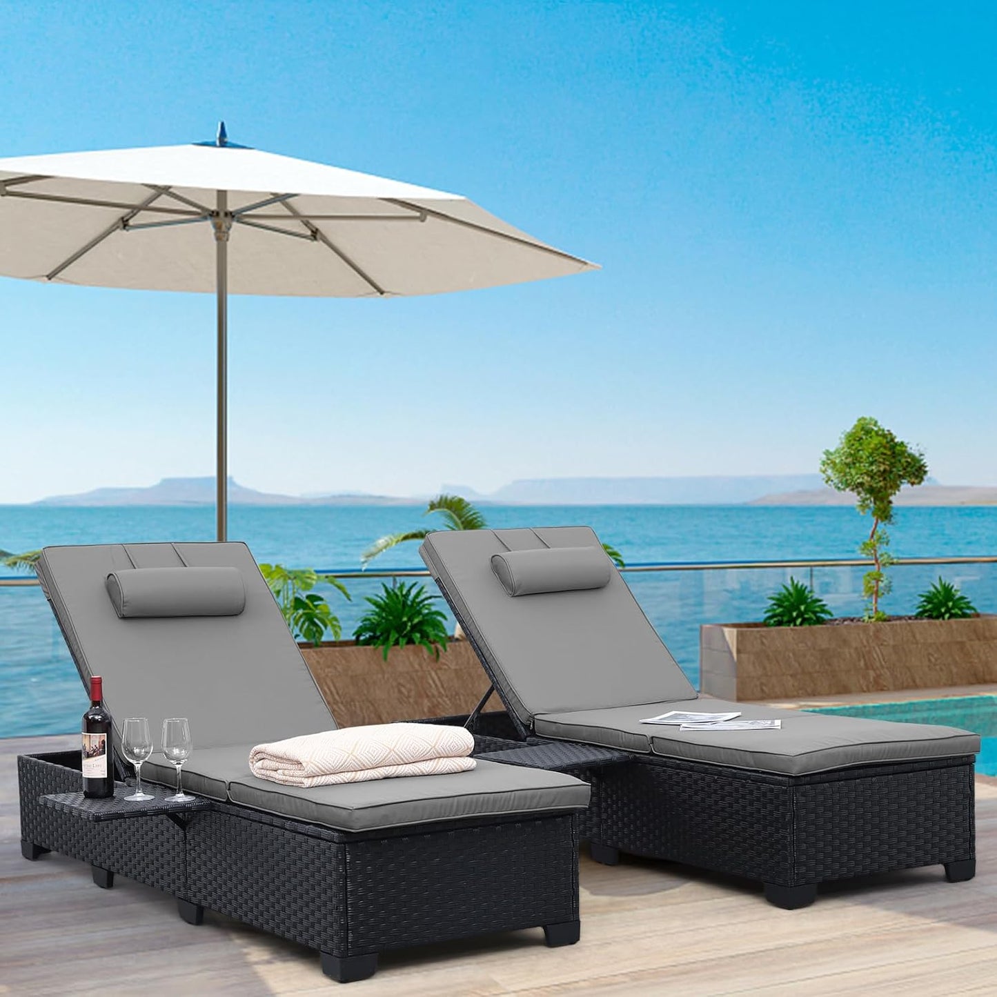 WAROOM Outdoor Chaise Lounge Chairs for Outside Patio Furniture Set of 2 Wicker Recliner Black Rattan Reclining Pool Sunbathing Chair Adjustable Backrest Lounger with Khaki Cushion