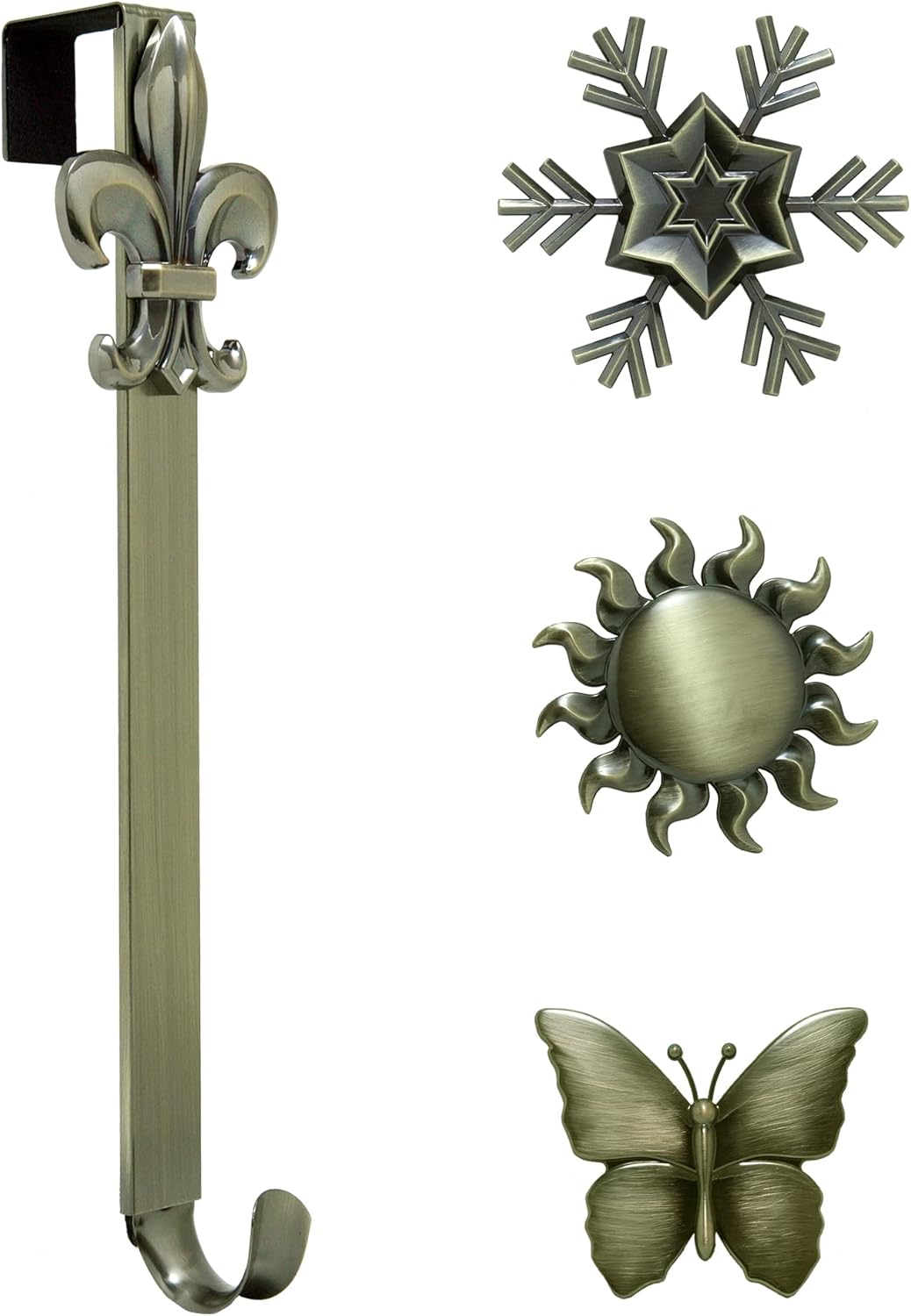 Haute Decor Adapt Adjustable Length Wreath Hanger with 4 Interchangeable Icons - Oil-Rubbed Bronze (Bee/Pumpkin/Snowflake/Fleur de lis) - 4 Front Door Wreath Hangers in 1
