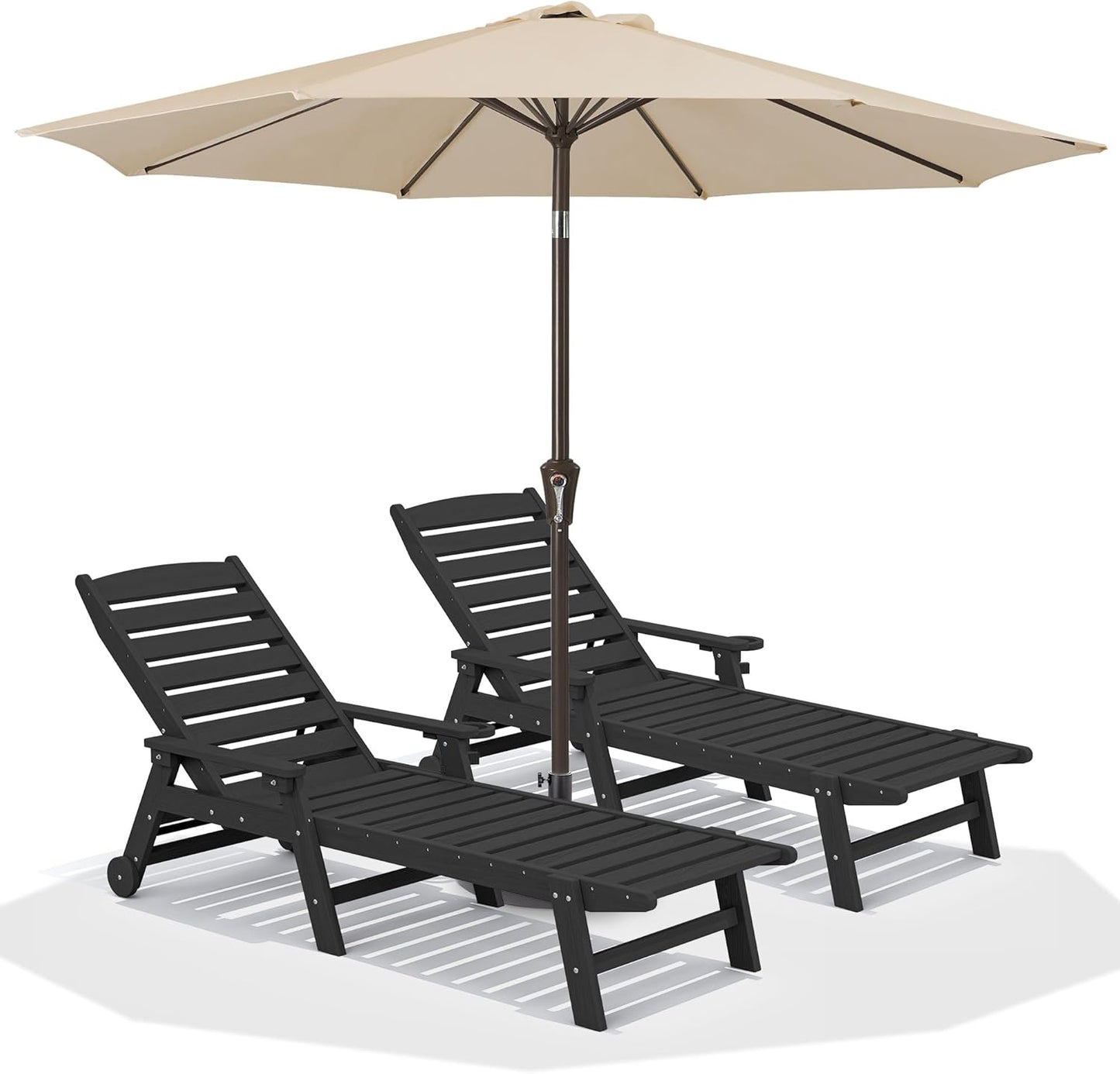 SERWALL Patio Chaise Lounge Chair Set of 2, 78'' Long 5-Positions Adjustable HDPE Outdoor Lounger for Pool, Poly Lounge Chair with Rolling Wheels & Cup Holder for Poolside, Deck, Blue